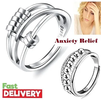 Anxiety Women's Rings 925 Sterling Silver Fidget Ring Spinner Stress Relief Band • £3.49