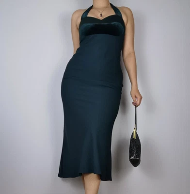 £59.99 • Buy After Six Ronald Joyce Evening Midi Dress UK 12 Green Velvet Halterneck Prom 80s
