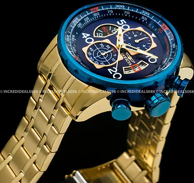 Invicta Men AVIATOR Chronograph 18K GOLD BLUE DIAL HIGH POLISH 48mm Watch • $88.92