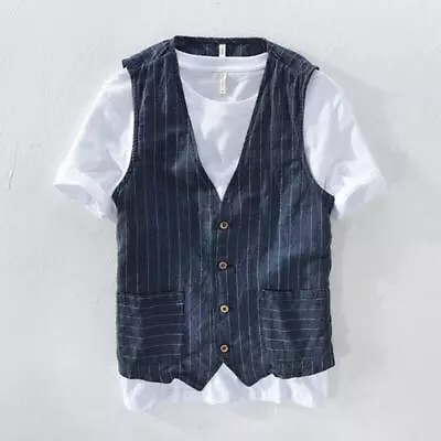 Men Stripe Cotton Linen Vest Jackets Pocket Gilet Waistcoat Summer Casual Tops • $19.10