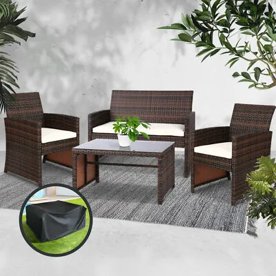 $401.20 • Buy Gardeon Outdoor Furniture Lounge Setting Wicker Dining Set Brown W Storage Cover