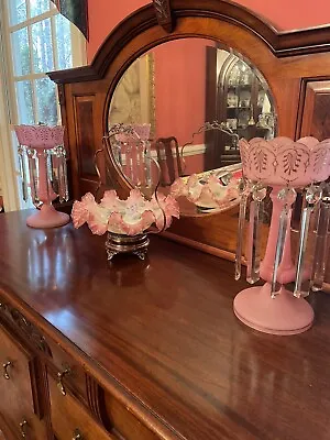 Mantle Lustres Victorian Pair Pink 13 Inch Tall 8 Inch Crystal Prisms • $750