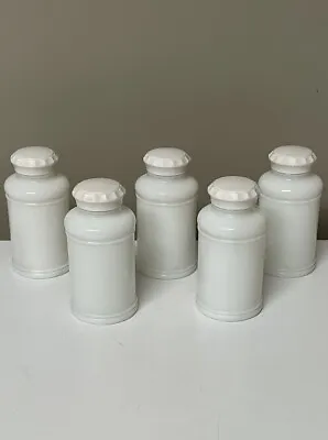 5 VTG Milk Glass SPICE JARS APOTHECARY HERB TEA STORAGE Screw Top 5” Tall • $12.99