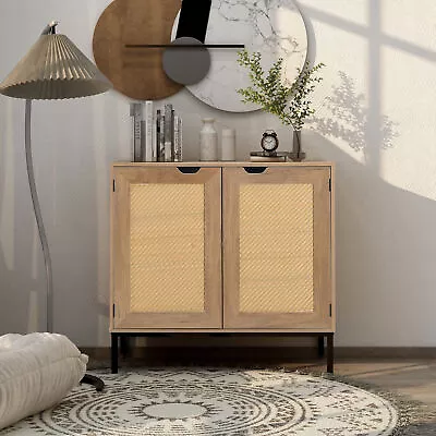 Rustic Accent Storage Cabinet 2 Rattan Doors Mid Century Wood Sideboard • $164.30