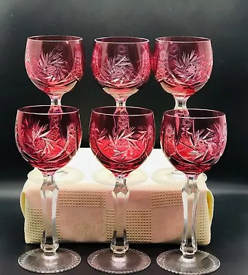 VTG Mosel Cranberry Red Lot Of 6 Wine Glasses-Goblet Hock Cut To Clear Crystal • $225