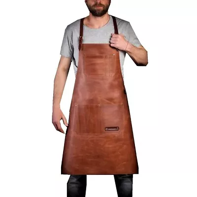 Men's Brown Genuine Leather KitchenBBQ Apron - Apron Gift For CooksChefs Man • $29.99