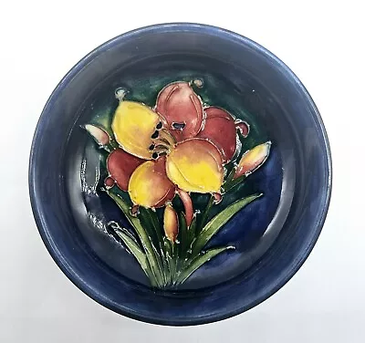 Vintage Moorcroft Freesia On Cobalt Blue Footed Bowl 4  Pristine Condition  • $71