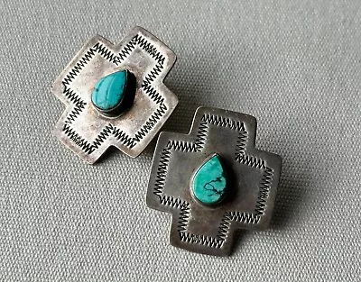 Vintage ~ Stamped ~ Sterling Silver Navajo Turquoise Earrings ~ Cross ~ Studs • $24.84