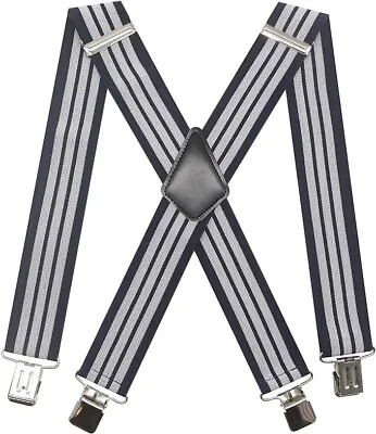 Suspenders X-Back Braces Mens 44 -50  Adjustable Length Navy Blue White Stripe • $12.59