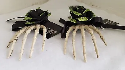 Pair Of Skeleton Hands Halloween Hair Clips Green Glitter Rose Barrette New • $14.99