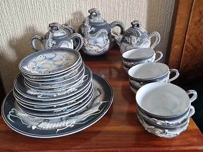 Antique Y.Y. China Japanese Dragon Handpainted Moriage Tea Set 22 Pieces Geisha • £30