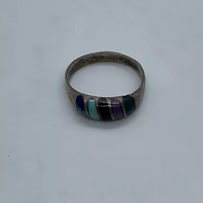 Vintage Southwest Sterling Silver Multi Stone Inlay Stripe Ring Size 6.5 • $23.39