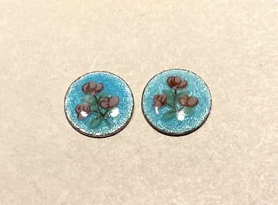 40x Vintage Guilloche Enamel Cabochons 10mm Round Cabochon-Pink Flower On Blue • $14
