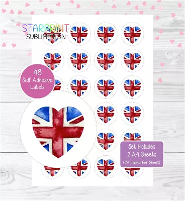 Union Jack Heart Stickers 48 Round UK Flag Labels For Envelope Seals/Labelling • £3.75