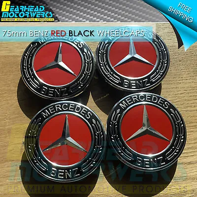 4 Mercedes-Benz Red Black Wheel Center Caps  Emblem 75MM AMG Laurel Wreath Hub • $18.99