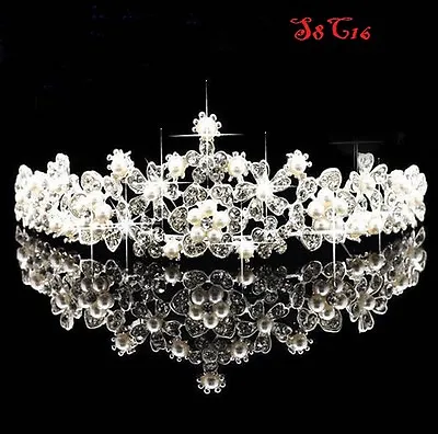 $9.98 • Buy Crystal Silver Wedding Bridal Pearl Crown Tiara Hair Accessories Headband S8C16