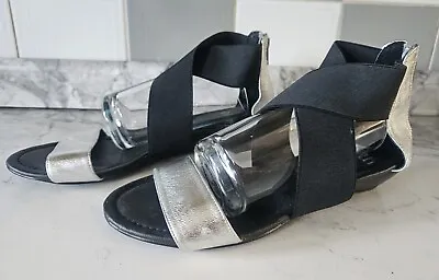 Womens FAITH Black & Silver Elasticated Wedge Heel Sandals - UK 5 EU 38 • £8.99