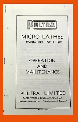 Pultra 1750 1770 1590 Jeweler Micro Lathe Operation Maintenance And Part Manual • $35
