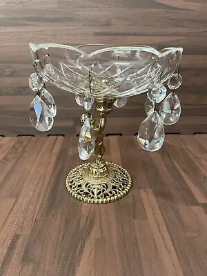 Crystal Pedestal Compote Winged Cherub Metal Base Gold Hollywood Regency Vtg • $40