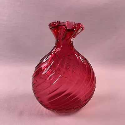 Vintage Cranberry Twisted Optic Hand Blown Fluted Rim Vase • $24.99