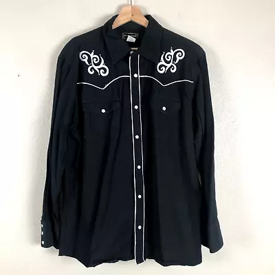 Vintage High Noon Shirt Mens Large Black Denim Pearl Snap Embroidered Yoke Trim • $24.73