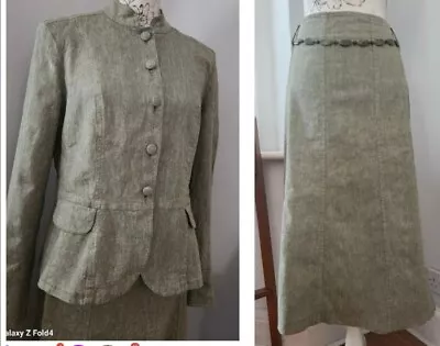 Per Una Italian Fabric Linen Mix Jacket Skirt Suit 16 Green Nehru Collar M&S New • £0.98