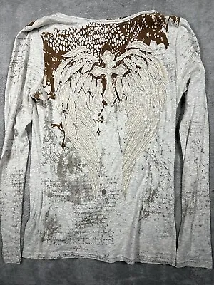 Miss Me Womens Large Gray Long Sleeved Pullover Top Angel Wings V Neck • $24.99