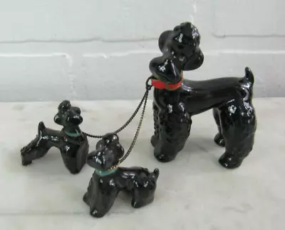 Vintage Porcelain Black Poodle W/2 Puppies Chain Dog Collar Japan • $16.85