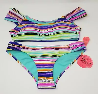 NWT Women's Coral Tropics By Apollo Swimwear Striped Bikini Purple Orange XS • $30