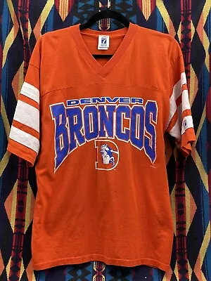 Vintage Denver Broncos Shirt Orange 80s Logo 7 Large NFL Half Sleeve • $20.99