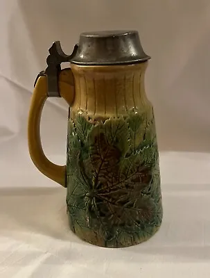 Vintage Majolica Leaf Pitcher With Pewter Lid • $74.99