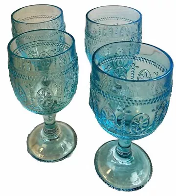 Aqua Stemware 12 Oz Water Wine Goblets Glasses 7” Set Of 4 BOHO CHIC Vintage • $28.99