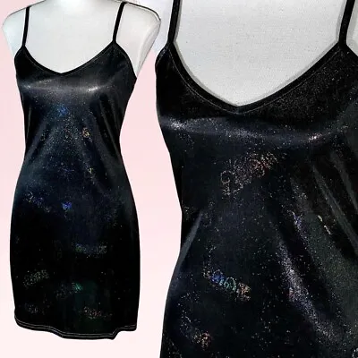 Vintage 90s Y2k Hologram Glitter Rave Club Sheer Black Rainbow Mini Slip Dress M • $200