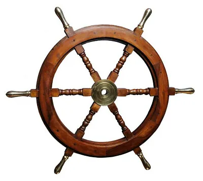 Teak Wood Ships Steering Wheel 30  Brass Handles & Hub Nautical Boat Wall Decor • $146.29