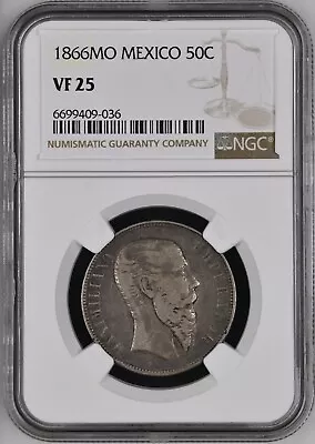 1866 Mexican Empire Maximilian 50 Centavos NGC VF 25 • $600