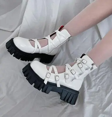 Women Chunky Heel Punk Shoes Round Toe Platform Buckle Strap Gothic Boots Shoes • $54.10