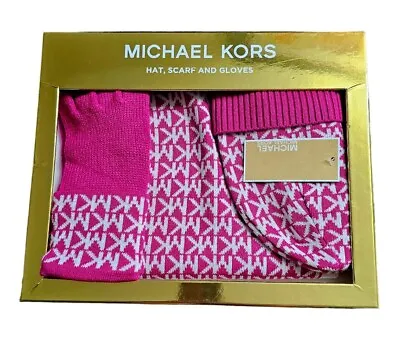 SET MICHAEL KORS 3-Piece GOLD BOX Scarf  Hat Gloves MK LOGO DEEP FUCHSIA CREAM  • $51.25