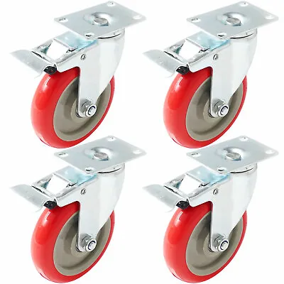 $27.99 • Buy 4 Pack 5 Inch Caster Wheels Swivel Plate Total Lock Brake On Red Polyurethane