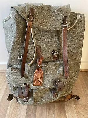 Vintage Swiss Large Army Military Mountain Backpack Salt&Pepper  Leather Canvas • $252.64