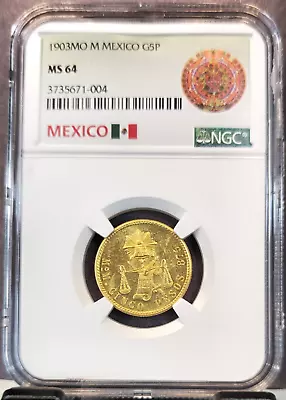 1903 Mexico Gold 5 Pesos G5p Balance Scales Ngc Ms 64 Rare Beautiful Bu Coin • $1889.95