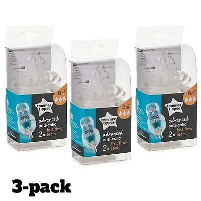 3 X Twin-Pack Tommee Tippee Advanced Anti-Colic Baby Bottle Teats Fast Flow 6m+  • £10.99