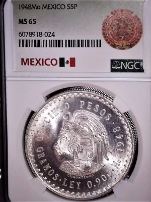 1948 Mo Mexico 5 Silver Peso NGC MS65 Gem Grade !! • $168