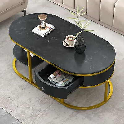 Coffee Table Modern Marble Golden Coffee Table W/Storage Drawer&Open Shelf • $125.99