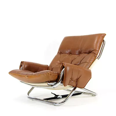 Retro Vintage Danish Modern Chrome & Leather Lounge Easy Chair Armchair 70s 80s • £745