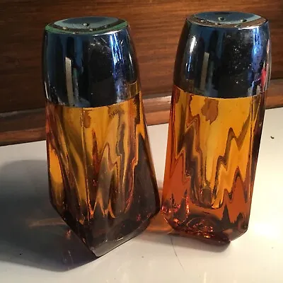 Vintage Amber Glass SALT & PEPPER SHAKERS 4-1/4   • $6.99