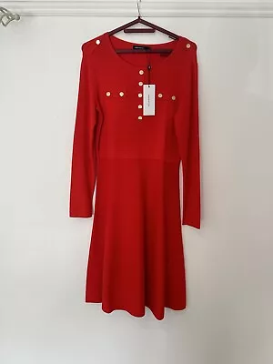 Karen Millen Gold Button A Line Knitted Dress Red Large • £60