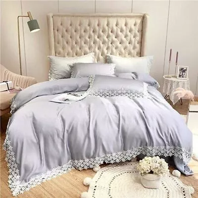 White Bedding Set King Queen Size Elegant Bed Set Lace Duvet Cover Bedsheet New • £210.16