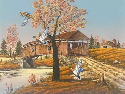 VTG C.Carson Flying Ducks Bridge Autumn Serigraph  20  X 24  • $29.99