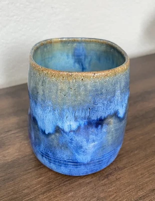 $14.99 • Buy Studio Pottery Blue Thumb Cup Handmade Tea Coffee Mug Indented Signed Shoshana