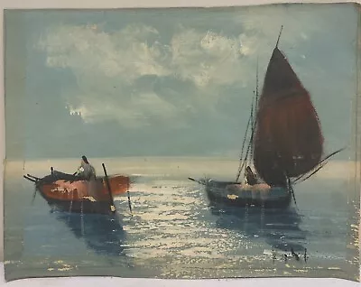 Vintage Primitive Sail Boat Nautical Canvas Oil Painting Signed 14”x11”-Unframed • $55